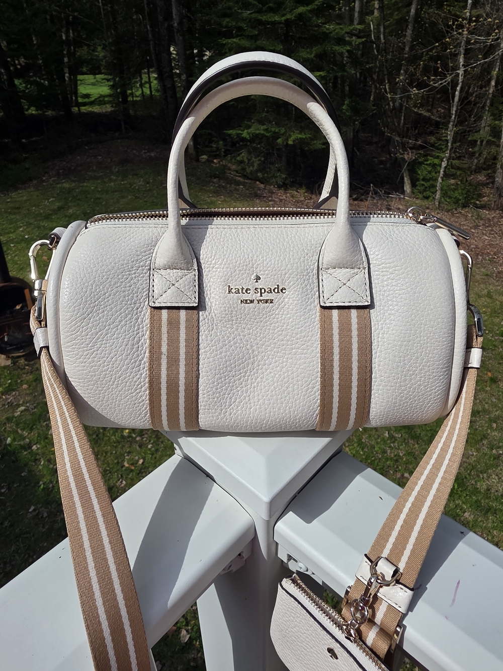 kate spade White Pebbled Leather Barrel Bag with Tan Straps